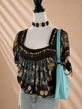I.C.E. Y2K Boho Geometric Sheer Crochet Tunic Blouse Size L
